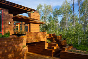 View from turnaround toward exterior articulated staircase