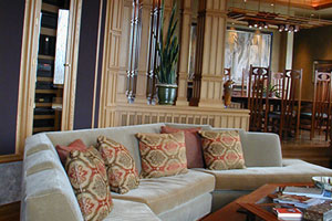 Mohair sofa and custom two tiered coffee table