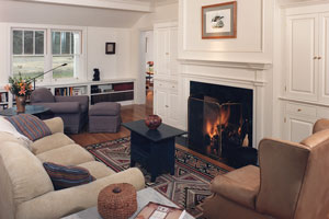Three different shades of white paint decorate walls, millwork, and ceiling