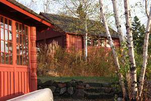 Cabin and garage at sunrise